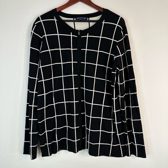 Jones New York Grid Plaid Full Zip Jacket 2X Preppy Minimalist Stretch Knit - Picture 1 of 8